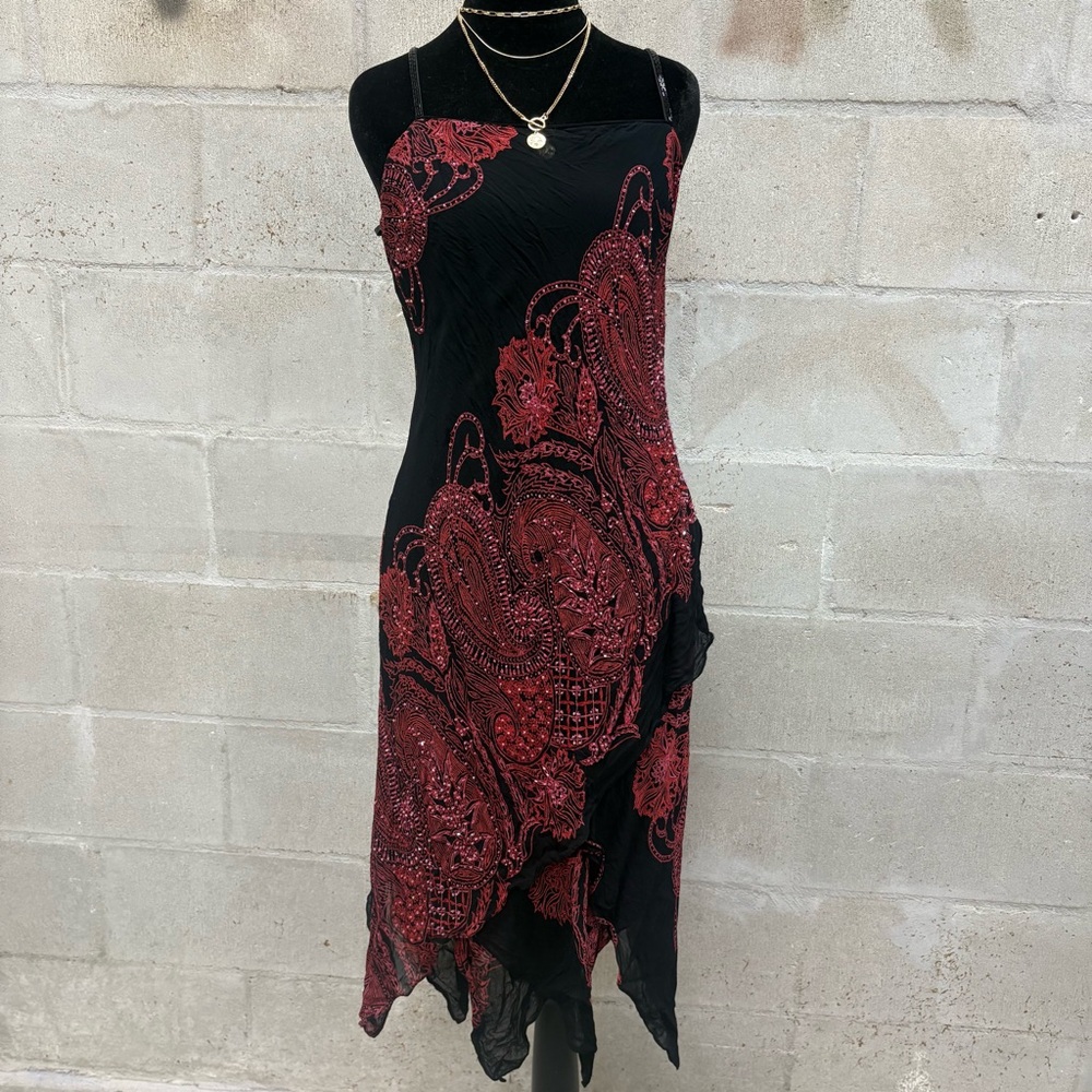 Vintage Eva Blue Black & Red Beaded Handkerchief Dress